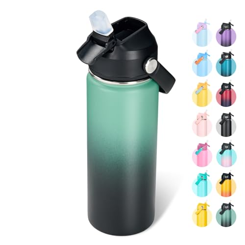 Fijinhom 18oz Insulated Stainless Steel Water Bottle, Wide Mouth Double Wall Vacuum, Silicone Straw, Sweat & Leak Proof, BPA Free Insulated Water Flask for Travel, Keep Cold 24h Hot 12h, Green & Black - color: Green & Black, size: 18 Ounces
