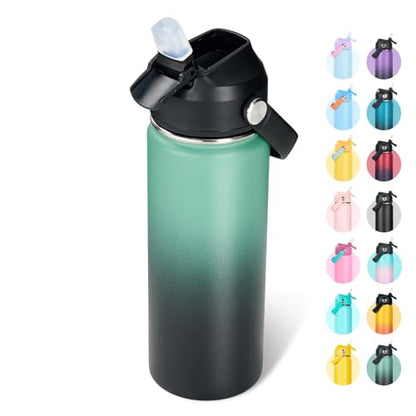 Fijinhom 18oz Insulated Stainless Steel Water Bottle, Wide Mouth Double Wall Vacuum, Silicone Straw, Sweat & Leak Proof, BPA Free Insulated Water Flask for Travel, Keep Cold 24h Hot 12h, Green & Black - color: Green & Black, size: 18 Ounces