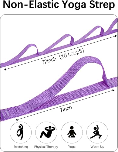 10 Loop Yoga Stretching Strap for Physical Therapy - Non-Elastic Exercise Band for Pilates, Yoga, Stretching for Women & Men - color: Purple