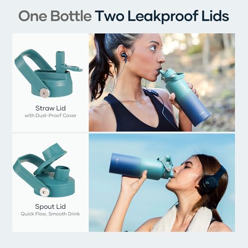 BUZIO 24 oz Insulated Water Bottle, Stainless Steel Wide Mouth Water Flask with Straw Lid, Cold for 48 Hrs Leak Proof Metal Hydro Thermo Canteen Mug, Gradient Cyan - color: Gradient Cyan, size: 24 Ounces