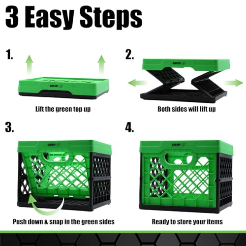 Grip Folding Stackable Storage Bin, Grn, 6 Gallon - Dimensions: 13" x 13" x 11" - Milk Crate - Capacity: 50 lbs - Heavy Duty Plastic - Collapsible Crate for Sporting Goods, Toys, Pool Toys, Files