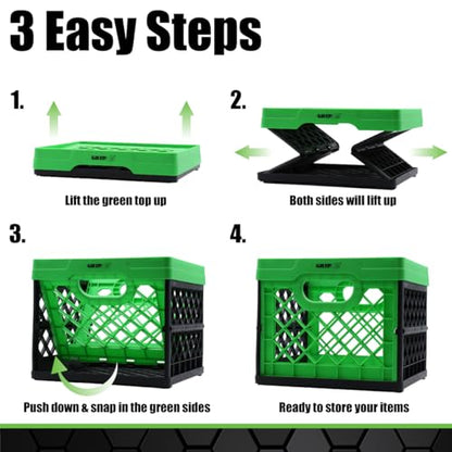 Grip Folding Stackable Storage Bin, Grn, 6 Gallon - Dimensions: 13" x 13" x 11" - Milk Crate - Capacity: 50 lbs - Heavy Duty Plastic - Collapsible Crate for Sporting Goods, Toys, Pool Toys, Files