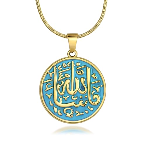 Hipunk Islamic Allah Pendant Necklace - 316L Stainless Steel Round Coin Medallion Gold-Tone Arabic Adjustable Snake Chain Muslim Gift Men Jewelry - color: blue