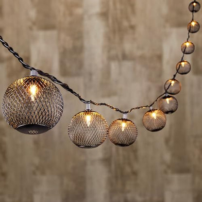 Decorative Lantern String Lights Plug in with 10 Black Metal Ball, Connectable Waterproof Outdoor Decorative String Lights Indoor for Bedroom Patio Pergola Decor