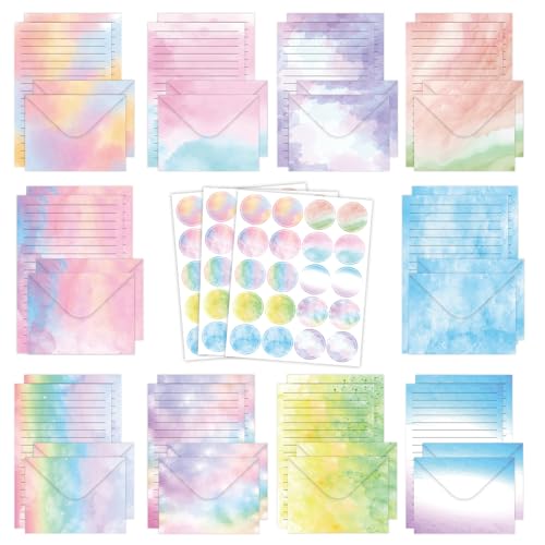 160 Pcs Stationery Set with Envelopes, 50 A5 Sheets of Stationery (10 Designs) with 50 Envelopes and 60 Stickers, Letter Writing Stationery for Home, Office, School, Set F - color: Watercolor gradient stationery