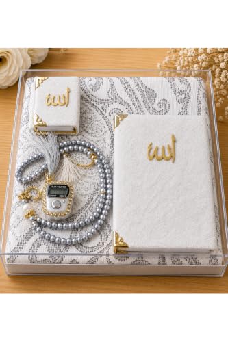 Islamic Prayer Set 5-Piece Gift Set for Men and Women Includes Prayer Rug, Prayer Beads, Zikirmatik Counter, and Yasin Book - refined Gray Cotton Design for Special Occasions and Daily Worship - Gray,