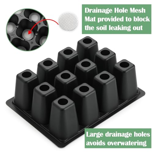 RooTrimmer 40 Pack Reusable 12-Cell Seed Starter Tray, Plant Starter Trays with Large Drainage Holes for Seed Germination, Easy to Repotted, Fits Standard 1020 Flats and TD377 Trays, Black - color: Black, size: 12 Cells-40P