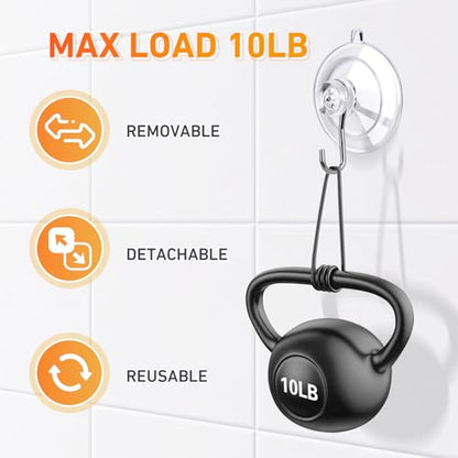 Suction Cup Hooks 12Pack - Max Load 10LB, 1.77Inch Clear Medium Suction Cups, No Trace, Reusable & Removable, Stainless Steel Hooks, for Tile, Glass, Window, Shower, Kitchen, Bathroom - size: 12pc-Medium Size