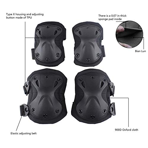 Combat Knee & Elbow Protective Pads Set for Outdoor CS Paintball Game Cycling Safety Skateboarding Gear Skates Knee Protection Guard Pads - color: Black