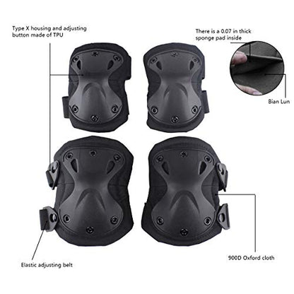 Combat Knee & Elbow Protective Pads Set for Outdoor CS Paintball Game Cycling Safety Skateboarding Gear Skates Knee Protection Guard Pads - color: Black