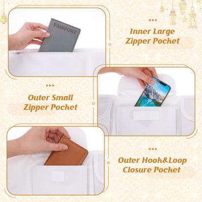 Dansydaisy Ihram Belt for Hajj and Umrah White Adjustable Ihram Waist Belt with Zippered Pockets Fits 32" up to 52" - style: 3 Pocket