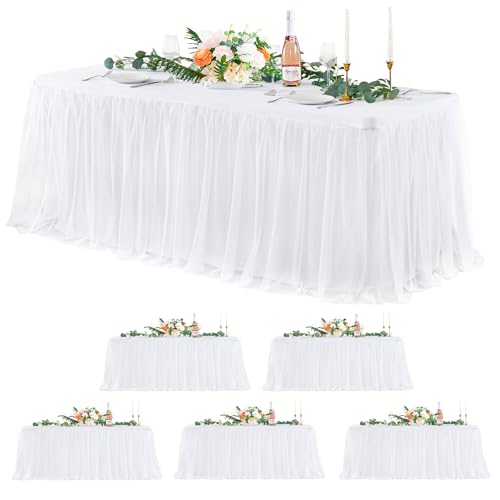 6 Pack White Tulle Tablecloths for 8 Foot Rectangular Tables 8ft White Tulle Table Skirt Wrinkle Free Table Cloth Cover with Tutu Skirt for Wedding Bridal Shower Birthday Party Banquet Buffet Cake - color: White, size: 96" x 30" (8FT - 6 Pack)