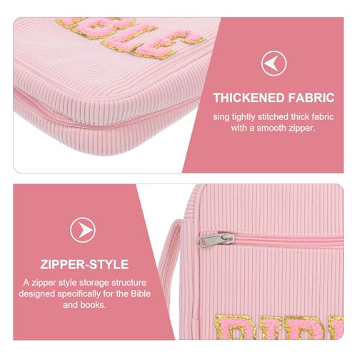 Bible Organizer Carrying Case for Religious Books and Temple Scriptures, Dustproof Corduroy Cover with Zippered Pocket, Pen Slots, and Handle, Stylish Pink Church Bible Storage Bag