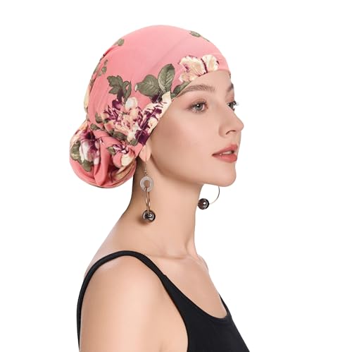 ZLYC Hijab Cap for Women Lightweight Undercap with Bun Loop Underscarf Hat - color: Flower Pink
