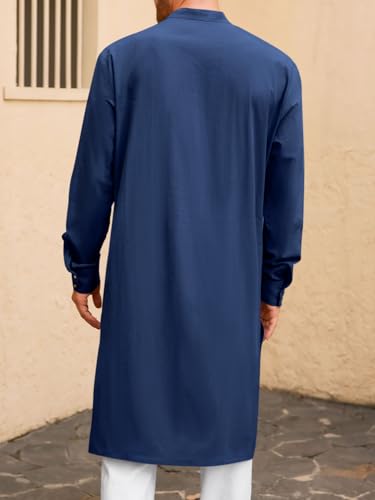 Runcati Mens Kaftan Robe Button Down Long Sleeve Cotton Linen Thobe Casual Muslim Gown Henley Shirt - color: Navy, size: Medium