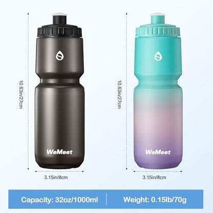 WEMEET Lightweight Cycling Water Bottle 2-Pack, Fits Most Bike Cages, Squeeze Water Bottle for Cycling, Running, Fitness(Black & Green Pink Purple, 32oz) - color: Black Green Pink Purple, size: 32 Ounces
