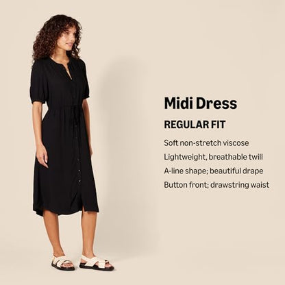 Amazon Essentials Women's Relaxed Fit Half-Sleeve Breathable Button Front Drawstring Waist Midi A-Line Dress with Pockets - color: French Blue/White Stripe, size: X-Small