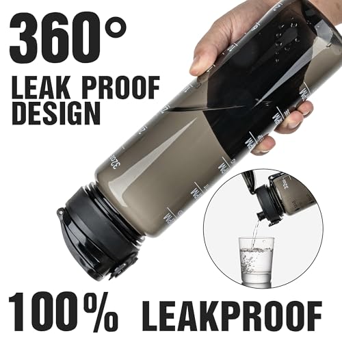 OLDLEY Water Bottle 32oz, Durable and Leakproof Water Bottles Motivational with Time Marker, Tritan, BPA Free, Wide Mouth, Gym, Travel, Home, School, Office, Clear Black - color: Black