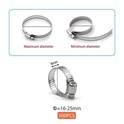 Hose Clamp, 100 Pack Stainless Steel Hose Clamps Worm Gear Fuel Line Pipe Clamps, 16-25mm (5/8-1 inch) - size: 16-25mm (5/8-1 inch)