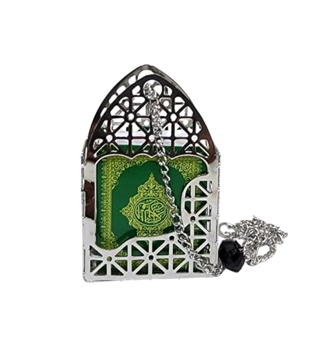Islamic Car Rear Mirror Hanging Decorative Ornament Vehecle Necklace AMN142 Mini Al-Quran in Metal Cage Pendant Ramadan Eid Muslim Gift (Green/Silver) - color: Green/Silver