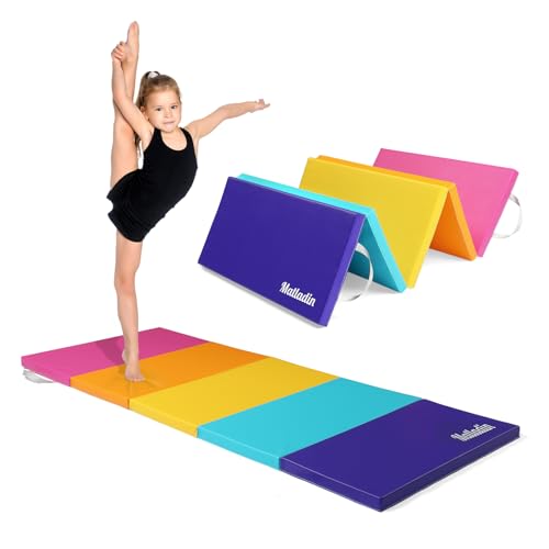 Matladin Folding Gymnastics Gym Exercise Aerobics Mat, 76"L x 30"W x 1.5"Th Folding Exercise Mat, Easy to Clean PU Leather Tumbling Mats for Stretching Yoga Cheerleading Martial Arts, Kid Play(Pink ,Blue） - color: Bright Multi-color