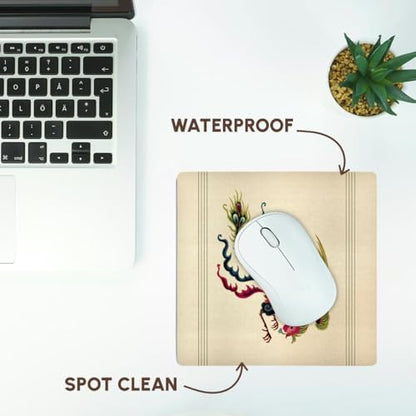3dRose LLC 8 x 8 x 0.25 Inches Mouse Pad, Moss Green, Teal and Maroon Swooping Chinese Rooster with Cream Background and Dark Line Accents (mp_53932_1)
