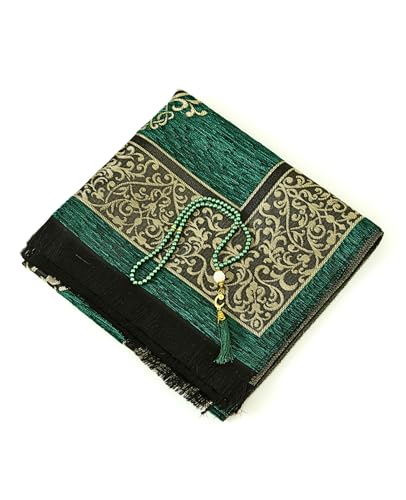 Prien Prayer Rug with Tasbih | Muslim Carpet | Praying Mat with Prayer Beads | Islamic Gifts for Women Men | Islam Portable Pray Set for Travel Kids Ramadan Namaz Hajj Umrah (Green) - color: Green