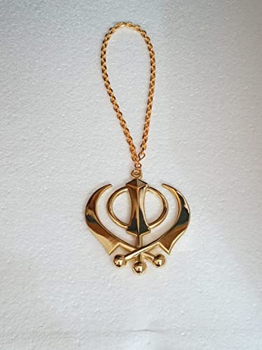 BEXCO Sikh Khanda Sahib Metal Car Hanging Rear View Mirror Show Piece - Complete with Chain (8 cm, Golden) - color: Golden, size: 8 cm