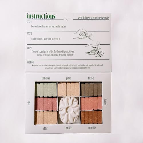Incienso de Santa Fe - 7 Scent Sampler Natural Wood Incense with Burner, Includes Piñon, Cedar, Juniper, Hickory, Alder, Mesquite, and Fir Balsam (70 Bricks) - Made in the USA