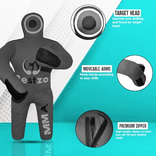 Bestzo Kids MMA Grappling Dummy - Unfilled Canvas Wrestling & BJJ Training Partner for Karate, Judo & Boxing (48-Inch) - color: Black Gray