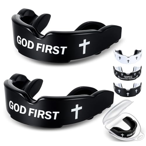 Yaomiao 2 Pcs Mouth Guards Christian Teeth Guards Sport Game Guard & Case Religious MouthGuard Soccer Football Basketball Baseball Wrestling Lacrosse Rugby Boxing Taekwondo - size: Youth, style: Black & God