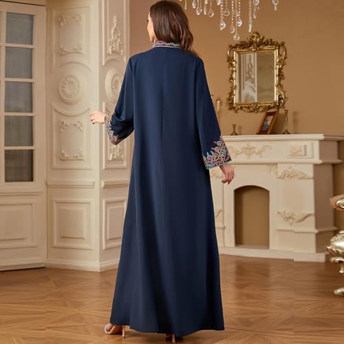 OBEEII Abayas for Women Muslim Applique Embroidery Long Sleeve Maxi Dress Loose Full Cover Islamic Dubai Robe Kaftan Abayas - color: Navy Blue, size: XX-Large