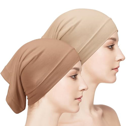 Loopeer 2 Pcs Hijab Undercaps No Slip for Women Islamic Muslim Hijab Cap Scarf for Turban Tube Neck Cover - color: Camel, Beige
