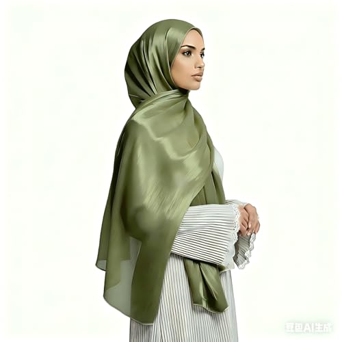 Organza Sheen Shimmer Crepe Hijab Scarf for Women Lightweight Sheer Shawl Wrap for Wedding and Evening Dresses - color: Olive Green