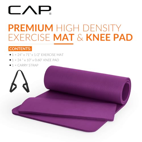 CAP Barbell 1/2-Inch High Density Exercise Yoga Mat with Strap | Multiple Options - color: Wine, style: Yoga Mat w/Knee Pad