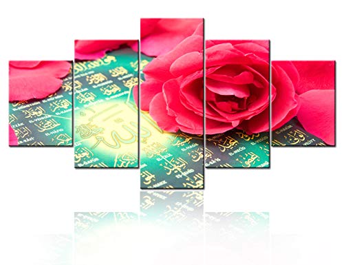 TUMOVO Islamic Wall Art Arabic Script Canvas Painting Rose Flower Picture The Koran Islam Culture Poster Contemporary Artwork Home Decor Living Room Wooden Framed Ready to Hang 5 Pcs(60Wx32H inches) - color: Artwork-03, size: 60''Wx32''H