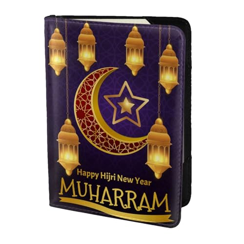 Islamic New Year Celebration Hijri Muslims 5.5in Cowhide Passport Holder, Genuine Leather Travel Document Organizer, Durable Passport Case for Travel & Business