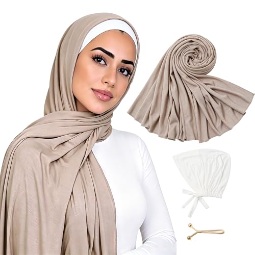 Hijab Scarf for Women, 3PCS Set with Undercap and Hijab Clip Lightweight Modal Muslim Head Wrap Scarf for Daily - color: Sy17-light Khika Hijab+white Undercap