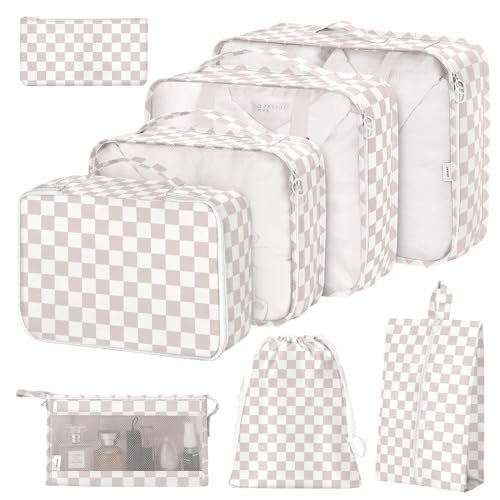8 Set Packing Cubes for Suitcases, Packing Cubes with Shoe, Cosmetics, Clothing, Accessories Bags for Travel Luggage Organizer Women Men(Light Pink Checkered) - color: Light Pink Checkered
