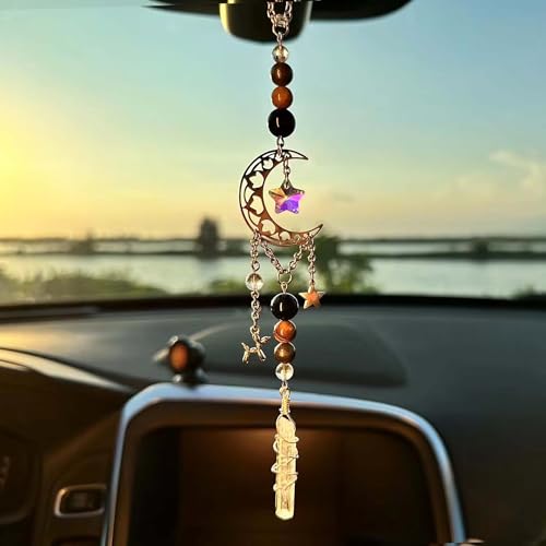 Hanging Car Charm, Handmade Car Mirror Hanging Accessories Rear View Mirror Decorations Crystals Stones Ornament Car Decor for Women Healing Crystal Accessories (4 Crystal Moon) - color: 4 Crystal Moon