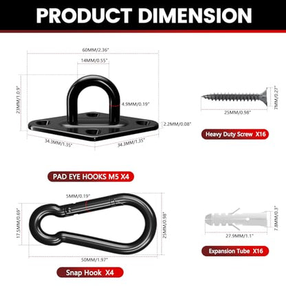 sprookber 304 Stainless Steel Pad Eye Snap Hooks, M5 Heavy Duty Ceiling Hooks, 500 lb Capacity Hammock Swing Hanging kit, Plant Hangers, Marine Hardware Staple Hook Loop with Screws, Set of 8(Black) - size: 2 Inch, style: Black Rhombus