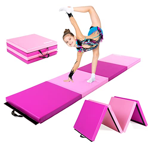 Matladin 8' Folding Gymnastics Gym Exercise Aerobics Mat, 8ft x 2ft x 2in PU Leather Tumbling Mats with Hook & Loop Fastener for Stretching Yoga Cheerleading Martial Arts - color: Purple&Pink
