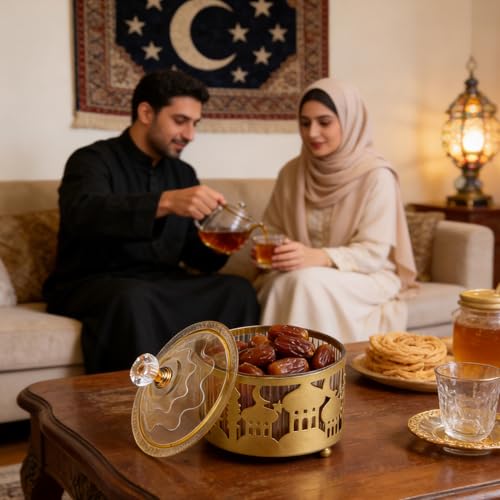 6PCS Ramadan Tray with Lid Eid Mubarak Dinner Plate Ramadan Serving Tray Muslim Islamic Dessert Trays Tableware Dessert Metal Platters Candy Storage Container Pastry Small Display Holder