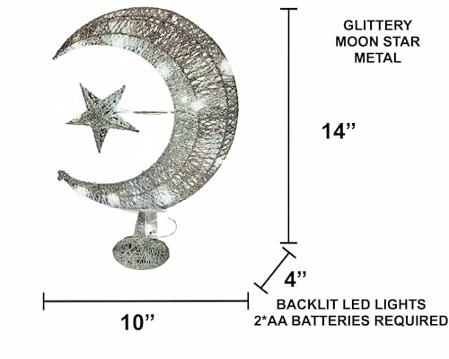 Eid Crescent Moon Star Table Lamp - Battery-Powered LED Light, Festive Home Décor Eid Gift Set with Mubarak Balloons, 14” Long (Silver) - color: Silver