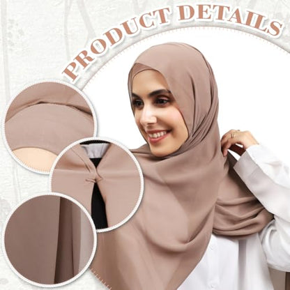 Women Instant Chiffon Hijab Set 3-in-1 Hijabs Scarf Muslim Soft Long Head Scarf with Built-in Magnets and Undercap - color: Khaki