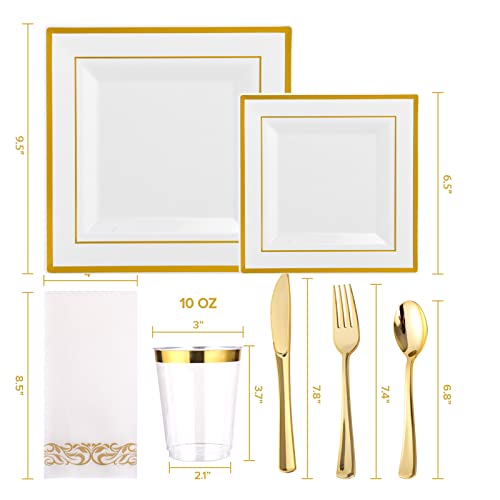 FOCUSLINE 175 Count Gold Dinnerware Set for 25 Guests - Square Plastic Plates with Gold Rim, Includes 25 Disposable Dinner & Dessert Plates, Napkins, Cups, Cutlery Set for Wedding Parties - color: Gold Rim Square Plates