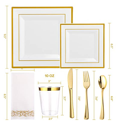 FOCUSLINE 175 Count Gold Dinnerware Set for 25 Guests - Square Plastic Plates with Gold Rim, Includes 25 Disposable Dinner & Dessert Plates, Napkins, Cups, Cutlery Set for Wedding Parties - color: Gold Rim Square Plates