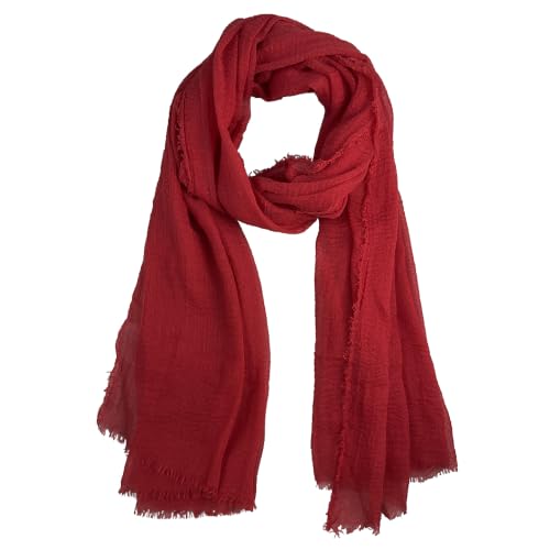 Summer Cotton Blend Crinkle Vintage Soft Scarf with Fringed Edges 35" × 70" - color: Red
