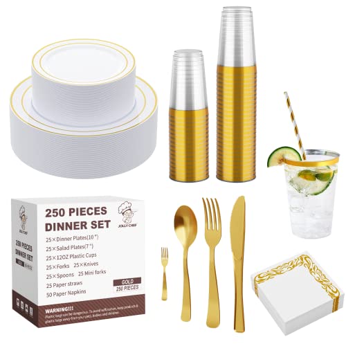 JOLLY CHEF 25 Guests Plastic Plates Set With Gold Rim Elegant Cutlery set - color: GOLD-250pack