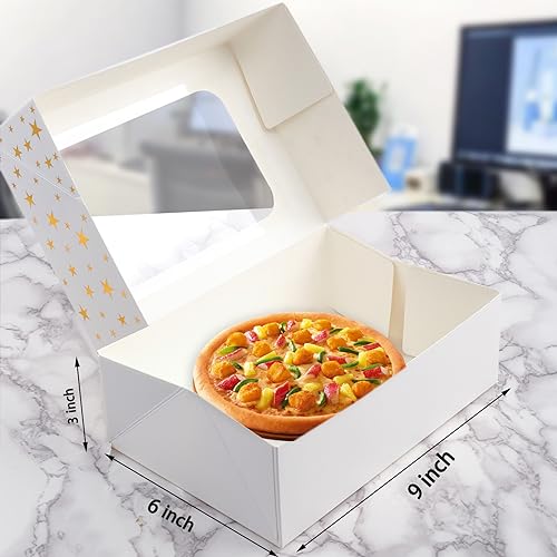 24 PCS Christmas Cookie Boxes for Gift Giving, 9x6x3 Golden Star Christmas Treat Boxes with Window, Auto-Up Holiday Cookie Boxes,Baking Goods Packaging Box for Desserts, Mini Cake, Donuts - color: Gold Star